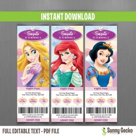 Disney Princess Birthday Ticket Invitations (Set 1)